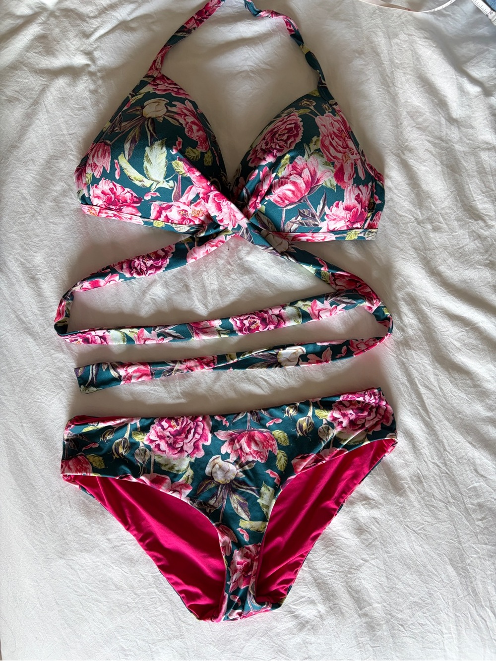 La Vie En Rose Floral Pink and Teal Wrap Bikini, Medium, Large Bust Friendly!